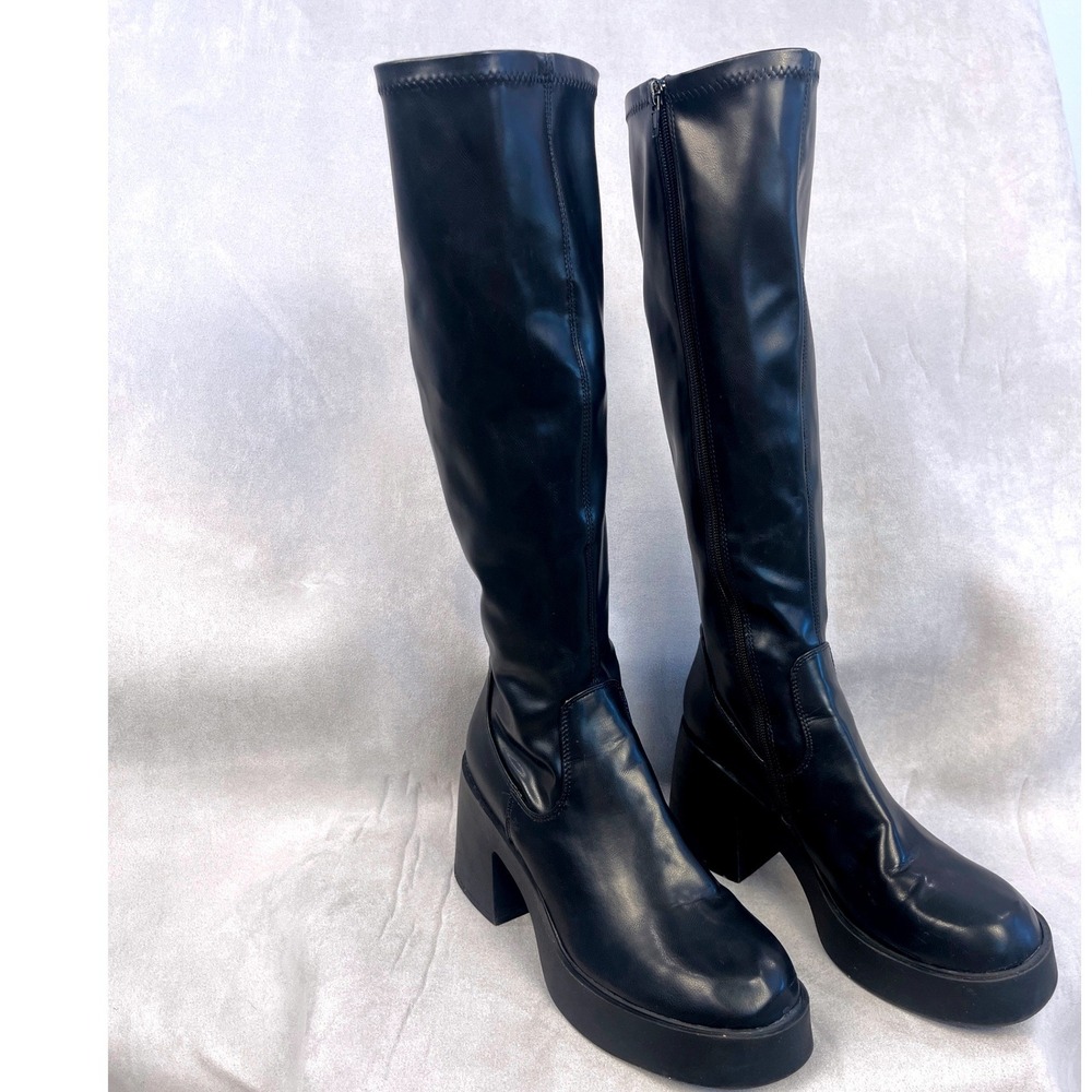 Black Faux Leather Platform Knee High Boots Chunky Block Heel Goth 7.5 Side Zip